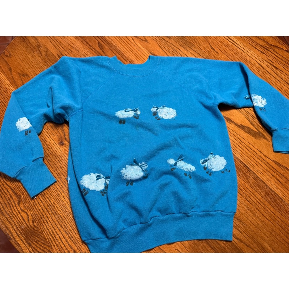 Vintage Pannill Sweatshirt Co Blue Sheep Graphic Ribbon Bow Pullover Large USA